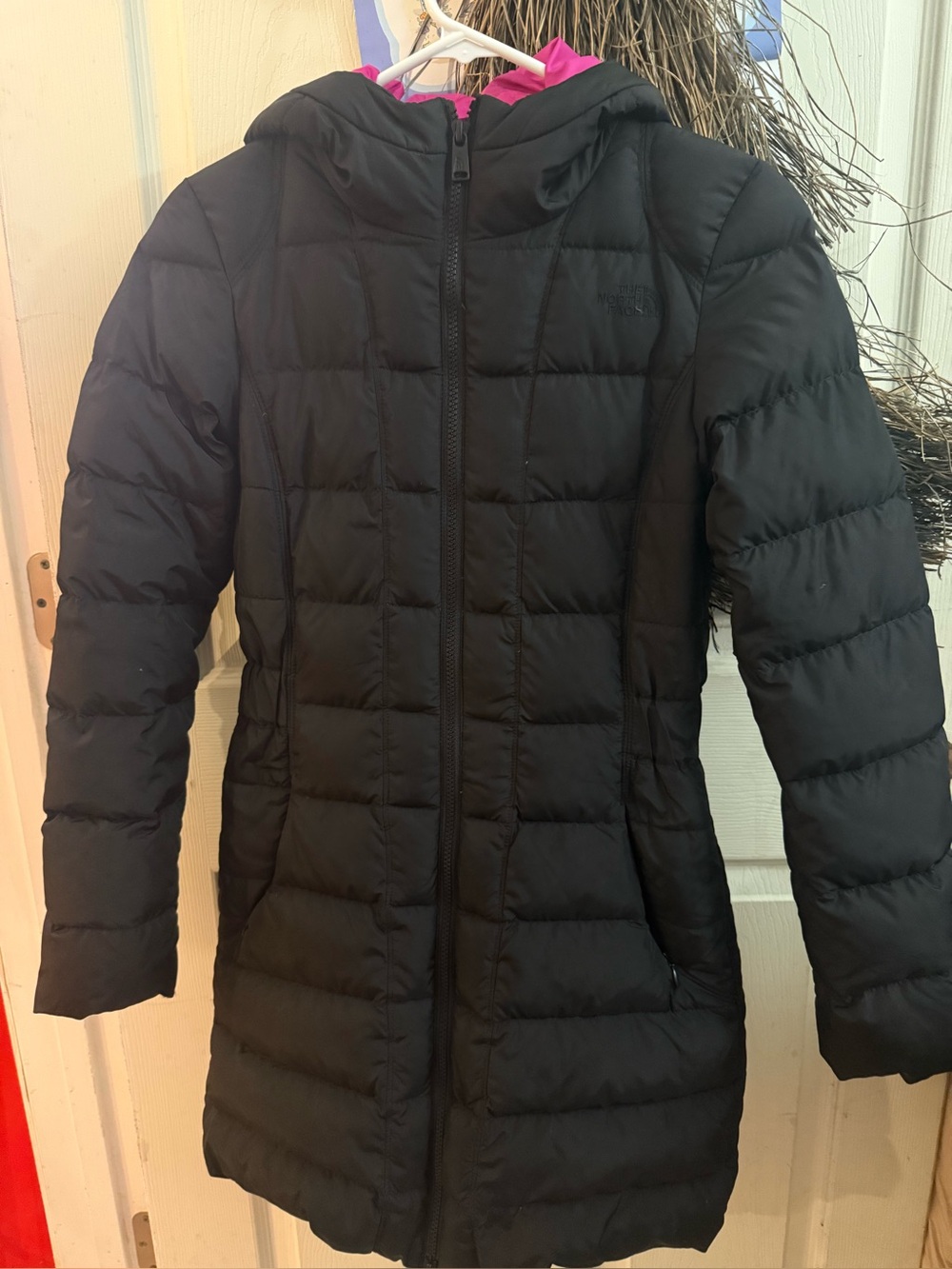 The North Face Black Puffer Coat with Pink Hood Lining